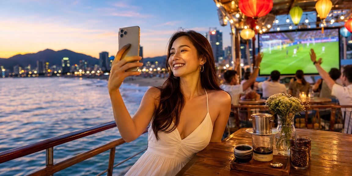 Người dùng Đà Nẵng đặt cược tài xỉu và xem bóng đá tại quán cà phê buổi tối